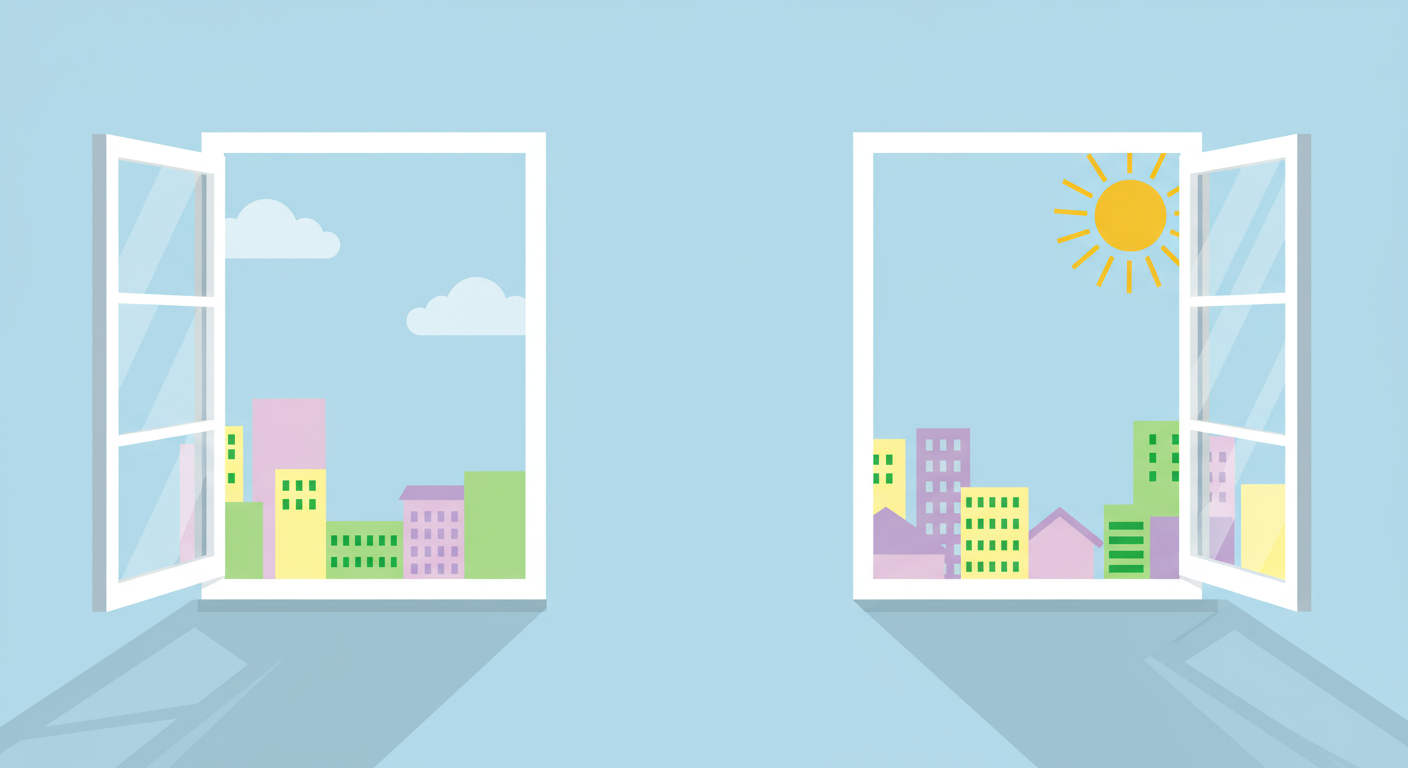 Open windows overlook colorful city buildings beneath a bright sun.