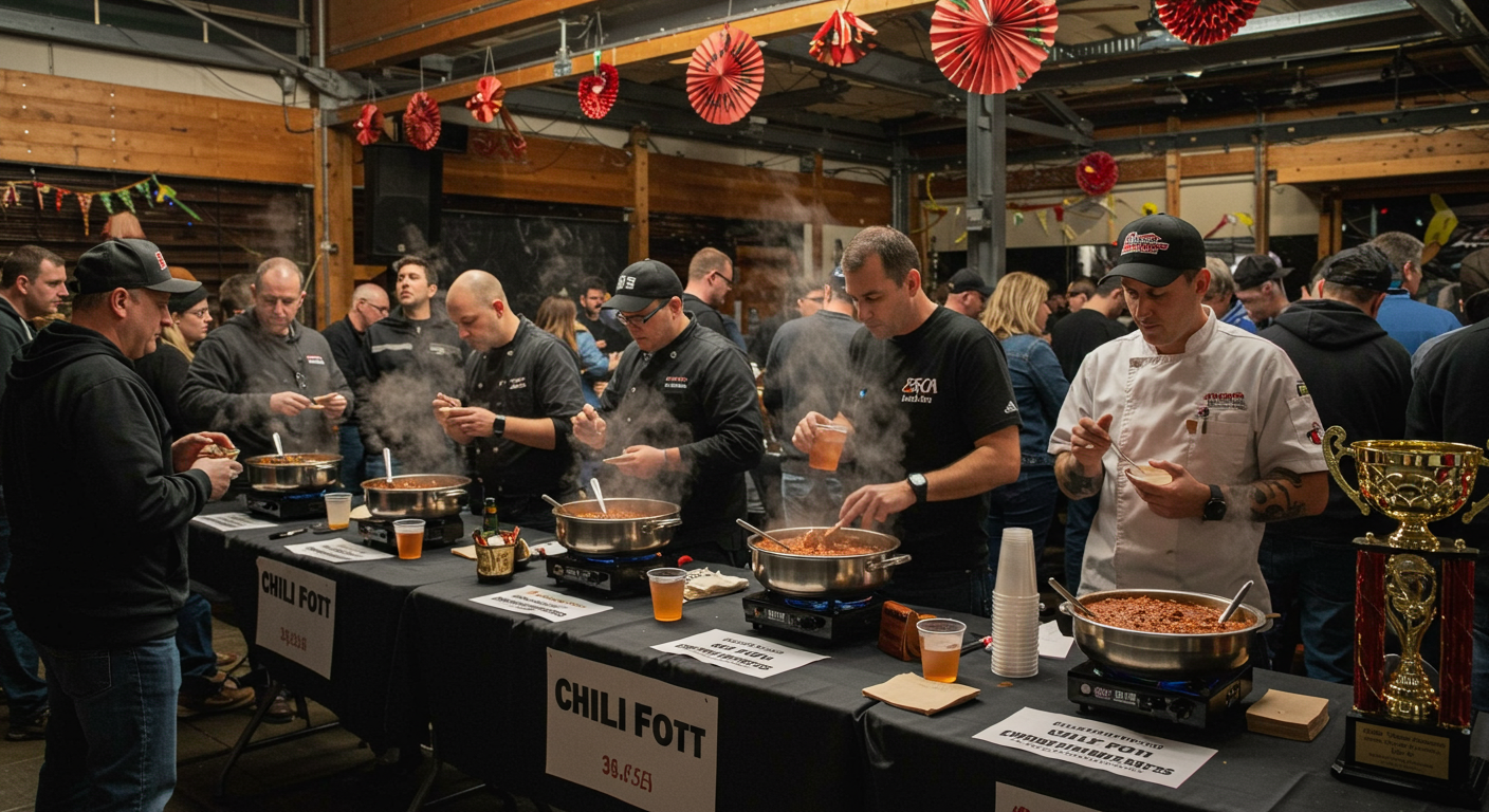 Chili cook-off contestants tend steaming pots as a chef stands beside a large gold trophy.