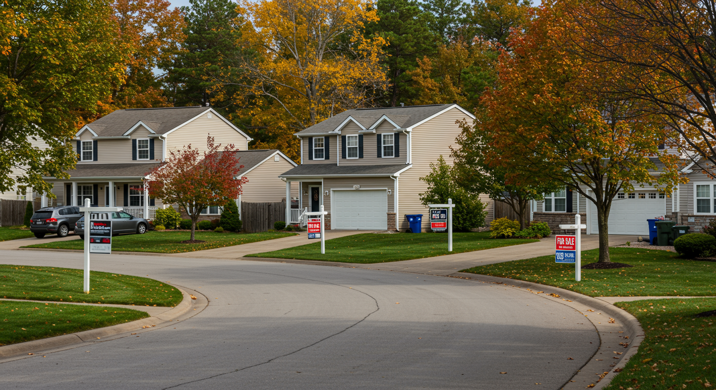 Suburban homes along a curved street, with for-sale signs and autumn-colored trees.