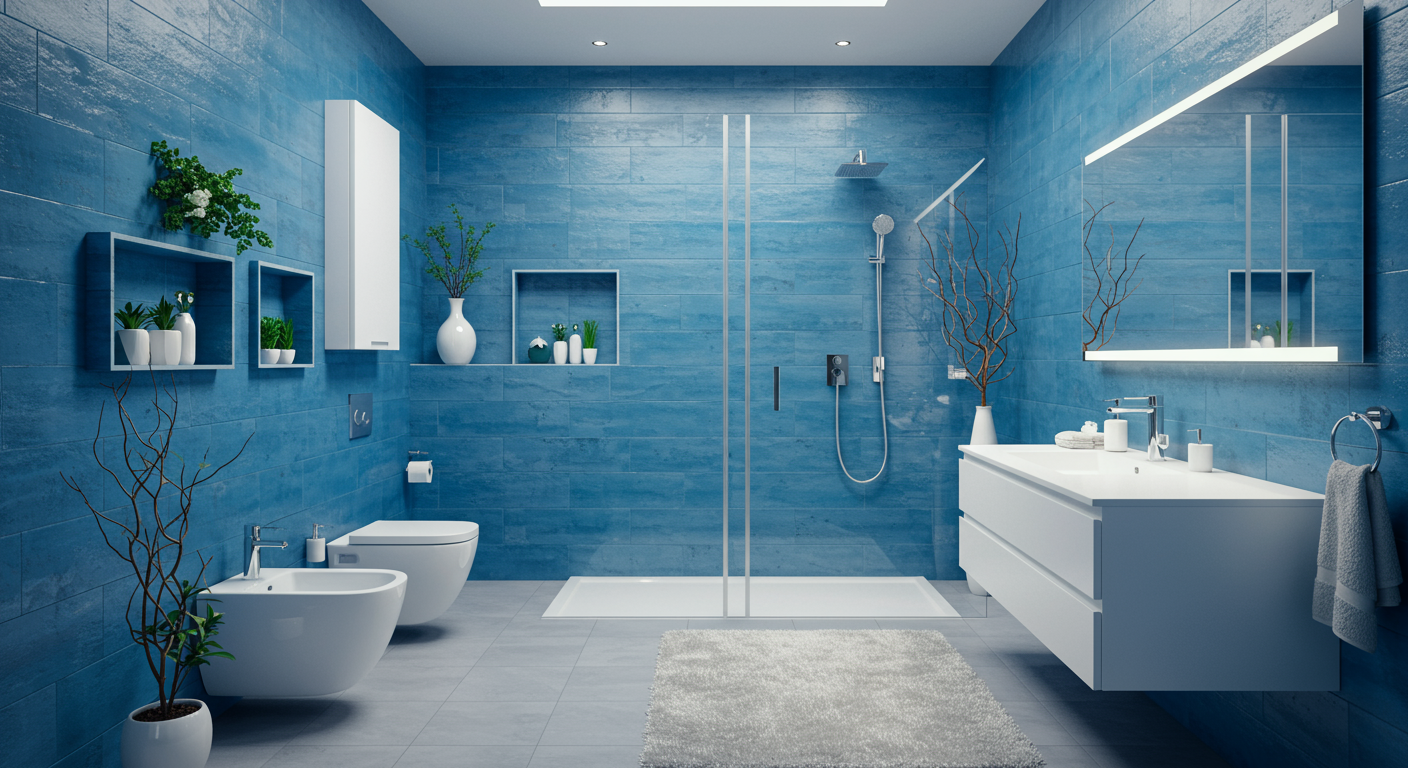 Big blue bathroom design with shower