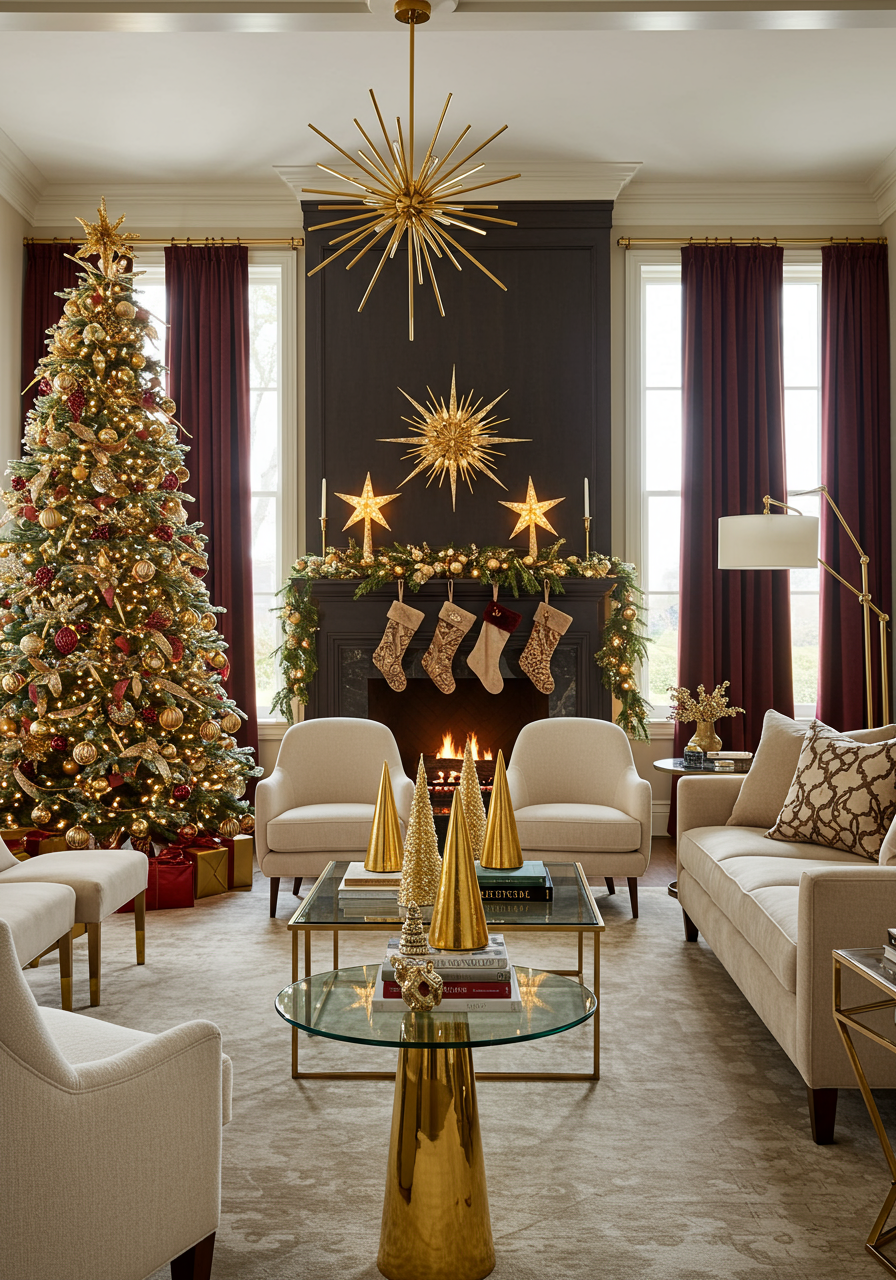 a living room with a fireplace and a christmas tree