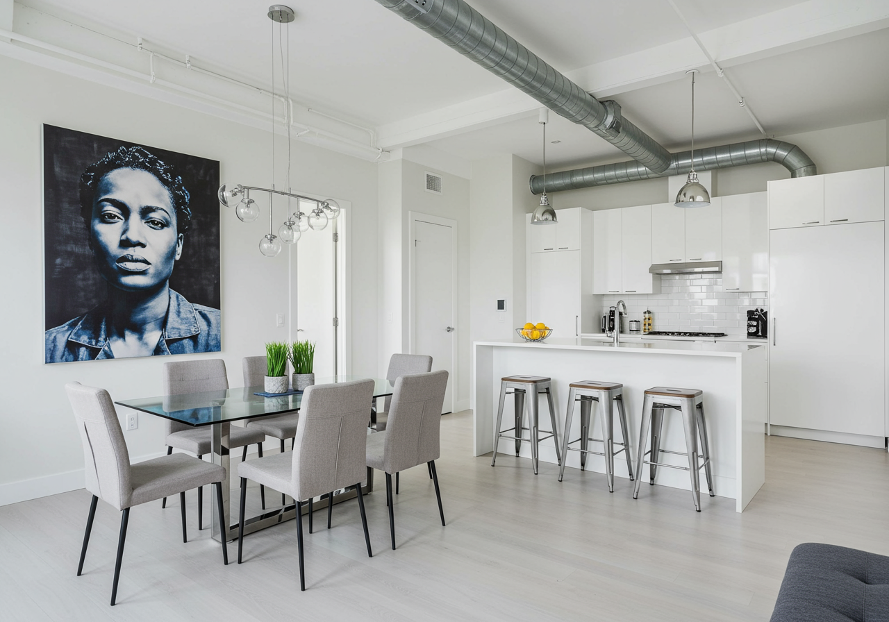 Open-plan condo kitchen and dining area with a white island, metal stools, and exposed ductwork.