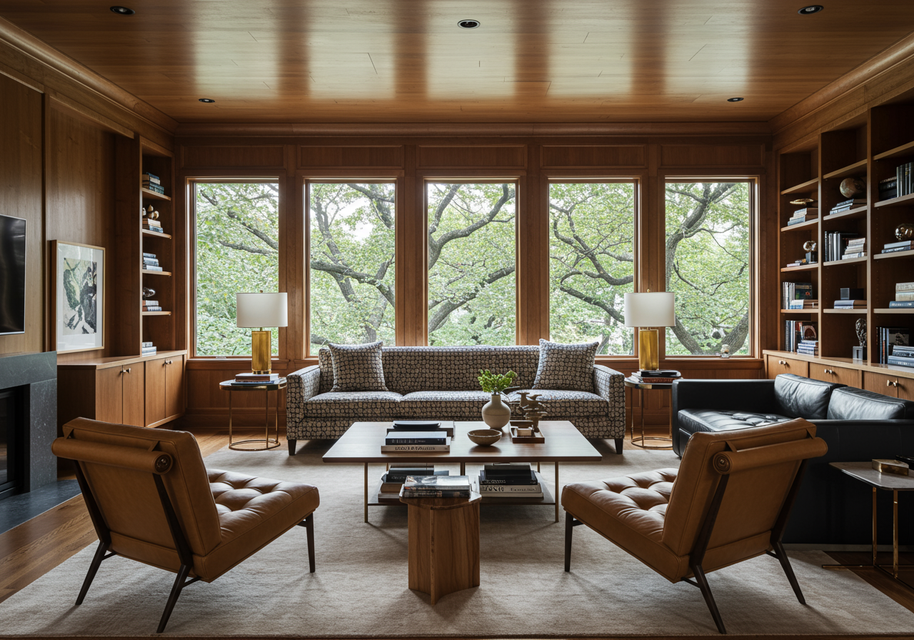 A library with two couches, one in black leather and the other in a black and white patterned fabric, a large square coffee table with sculptural objects, and circular seats. The walls are lined with wood, and built in bookcases are stacked with books and artworks. A t.v. hangs above a fireplace.