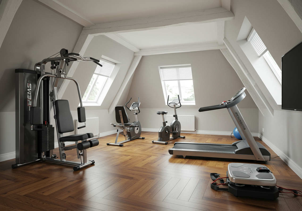 Attic home gym with a weight machine, exercise bikes and treadmill on hardwood floors.