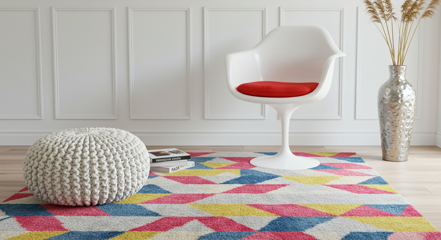 Staged living room with a white pedestal chair, colorful geometric rug, and chunky knitted pouf.