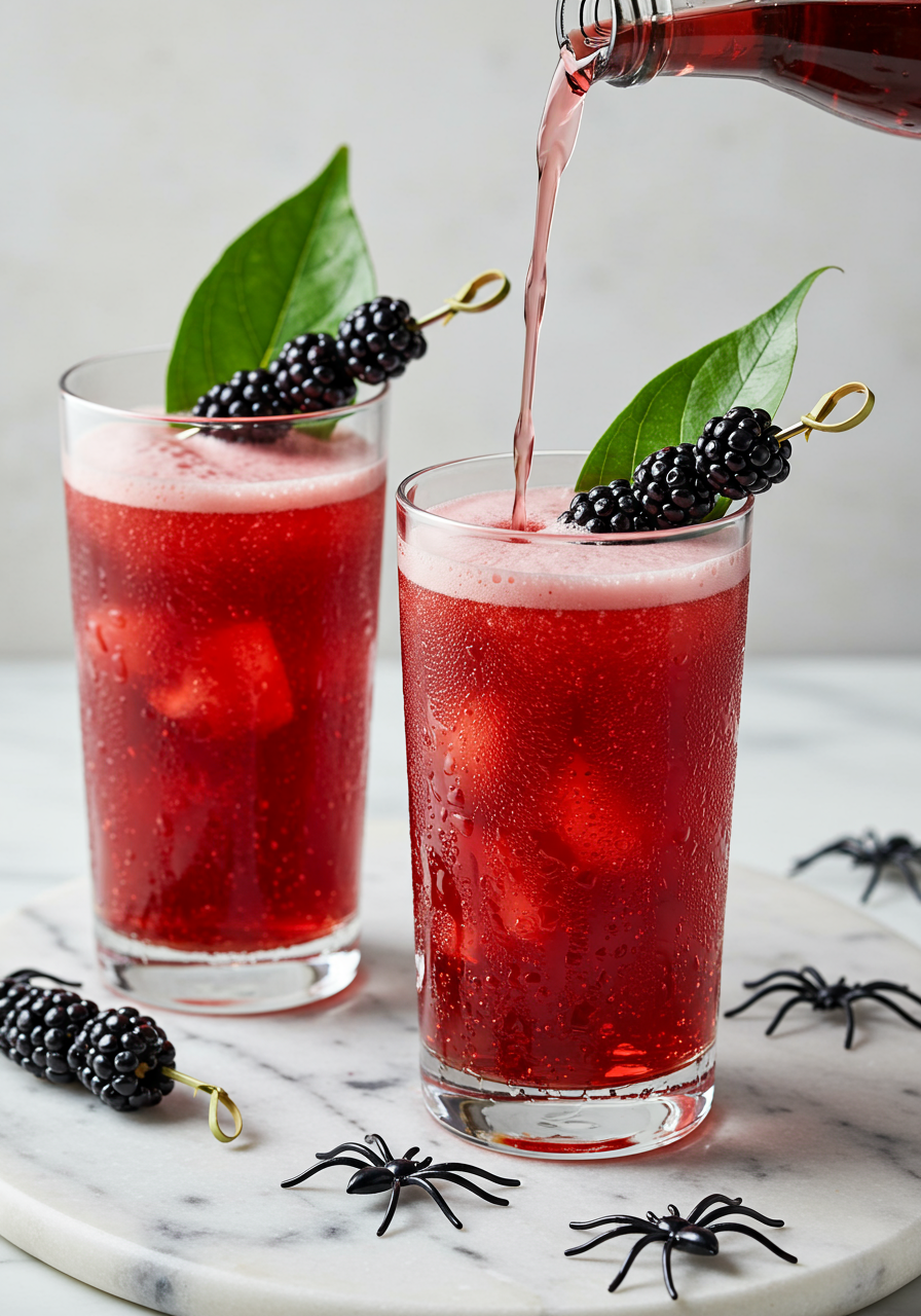 deep red cocktail topped with blackberries and bay leaves