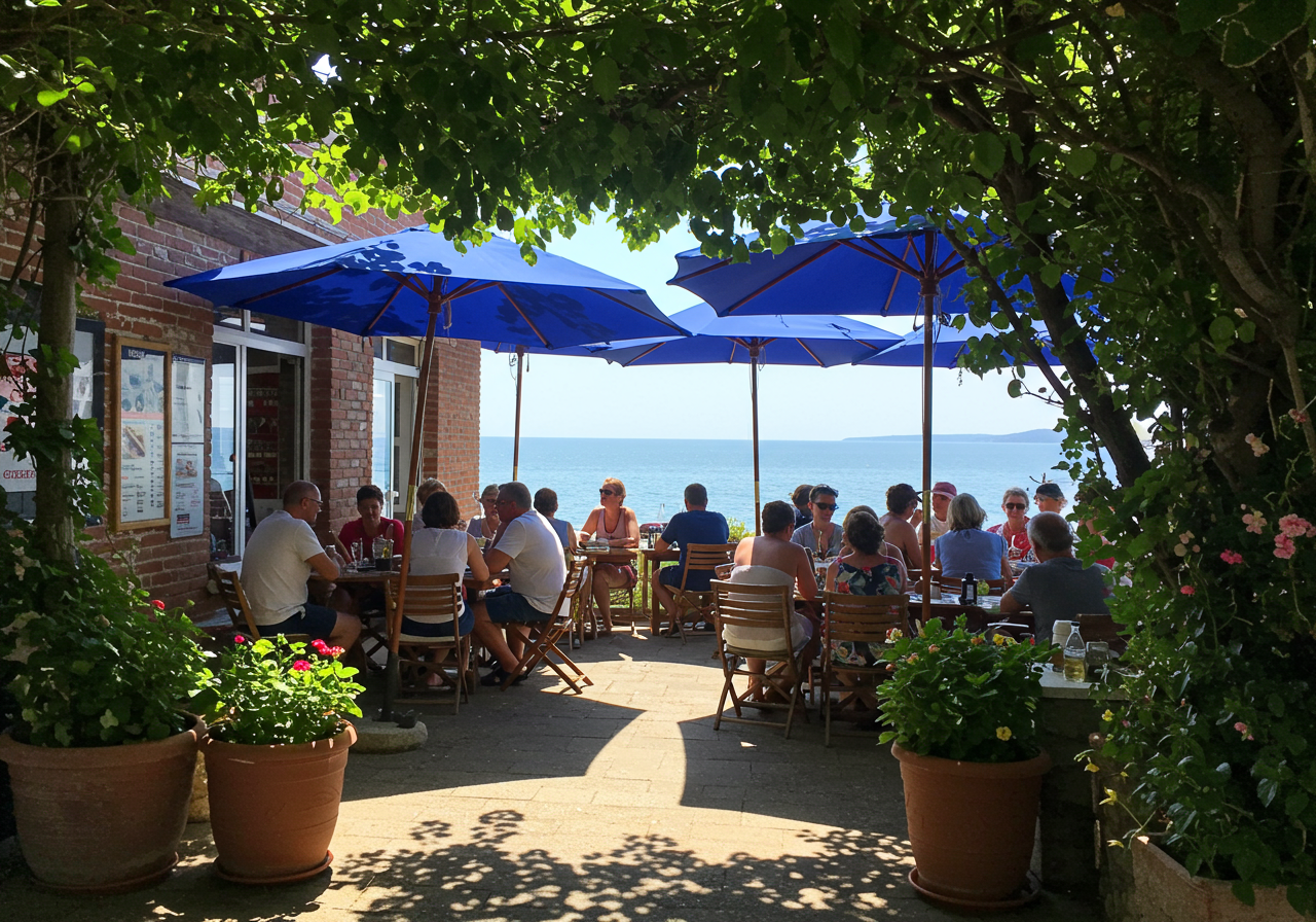 a dining patio with Lake Michigan in the background