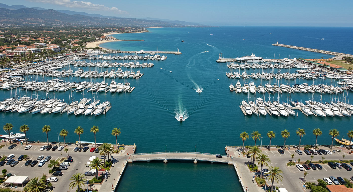 Aerial view of Dana Point Harbor full of boats