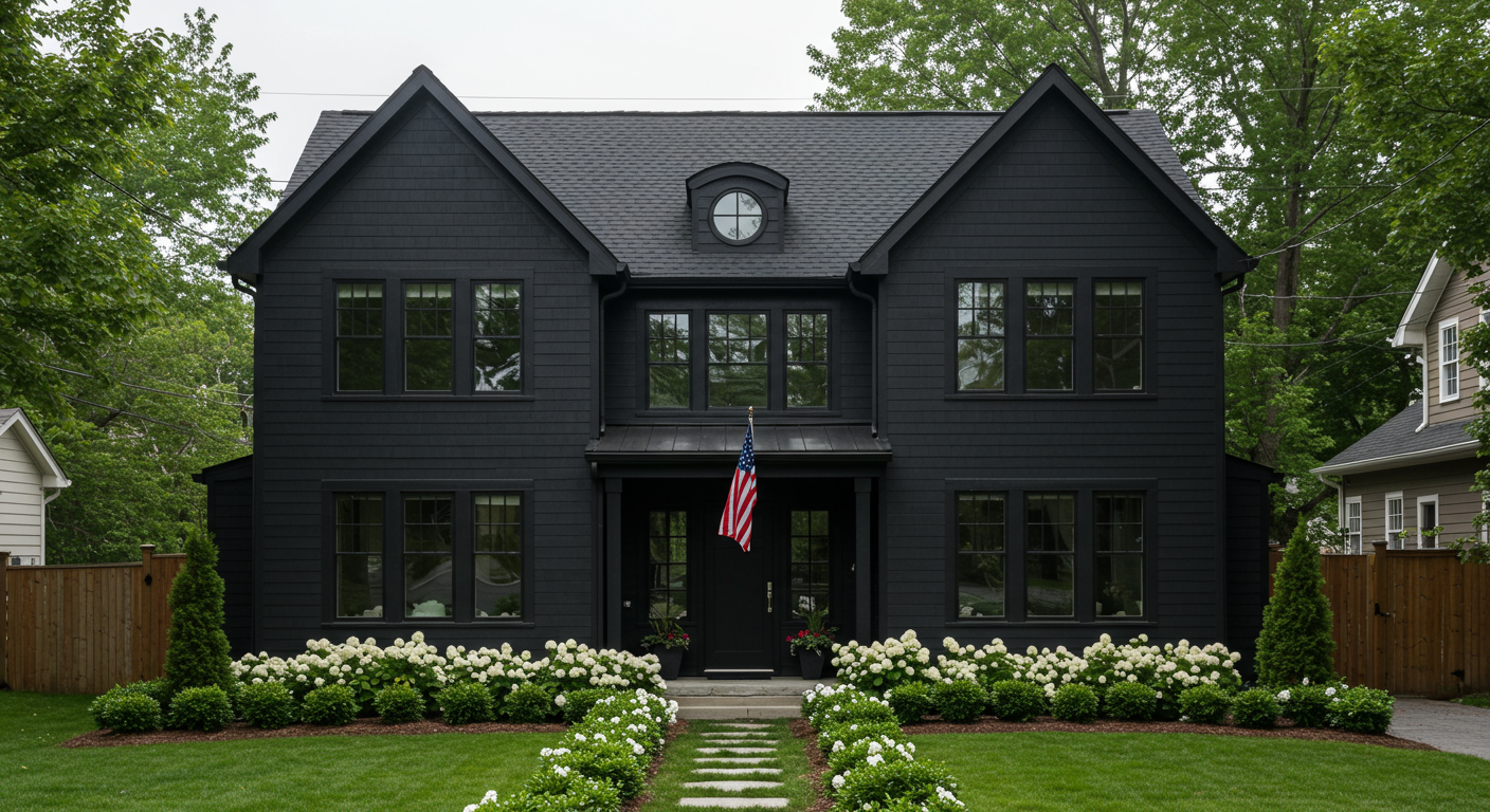 Charcoal-black two-story home with a gabled roof, American flag, and white flowering shrubs along the front walk.