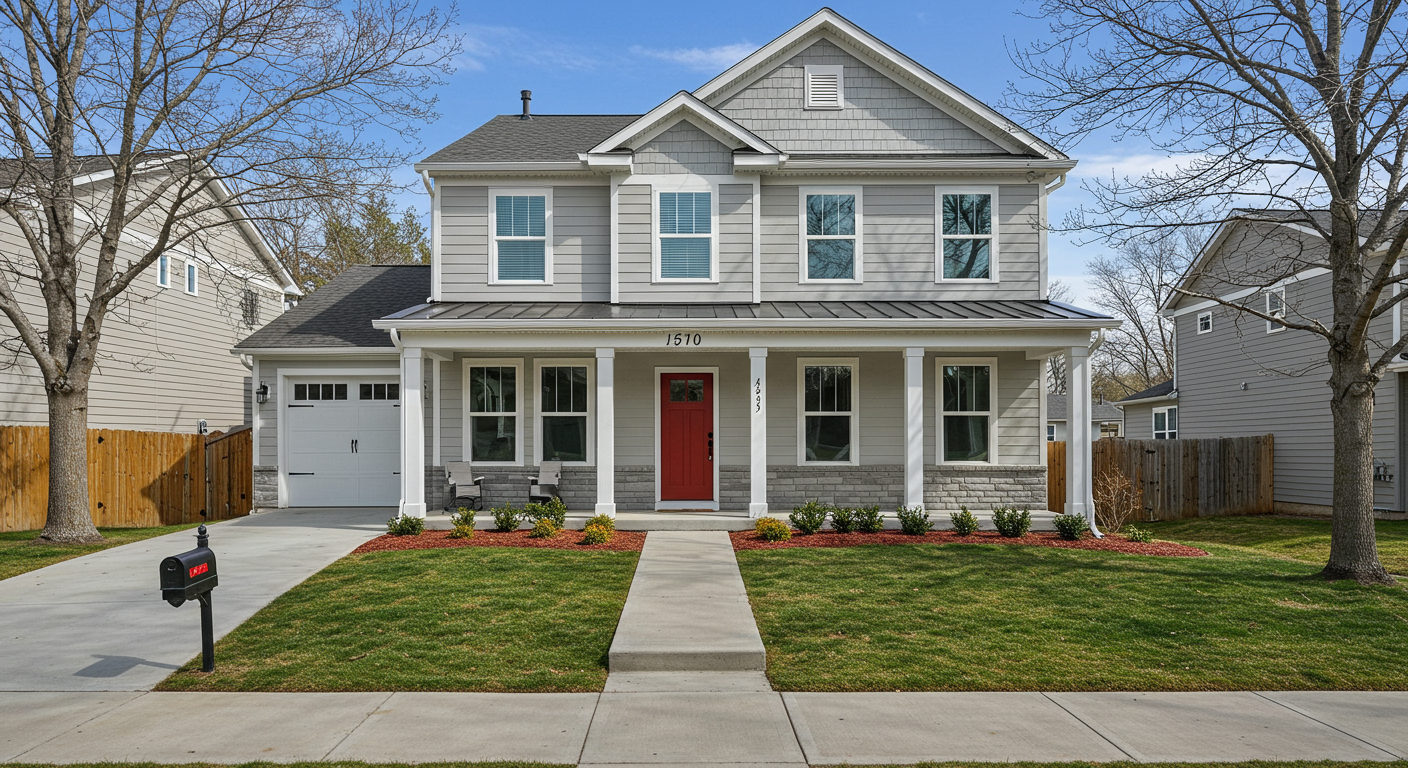 A two-story gray house with white trim, red door, covered porch, walkway, manicured lawn, and trees in the front yard.