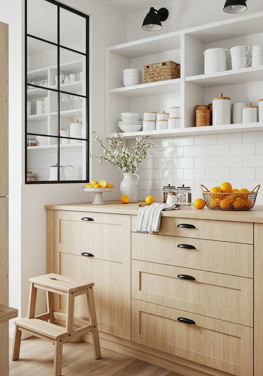 Kitchen with no hardware on drawers.