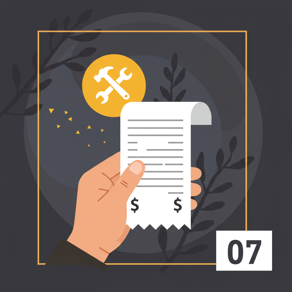 Storm repair illustration with a hand holding a receipt, crossed tools, and the number 07.
