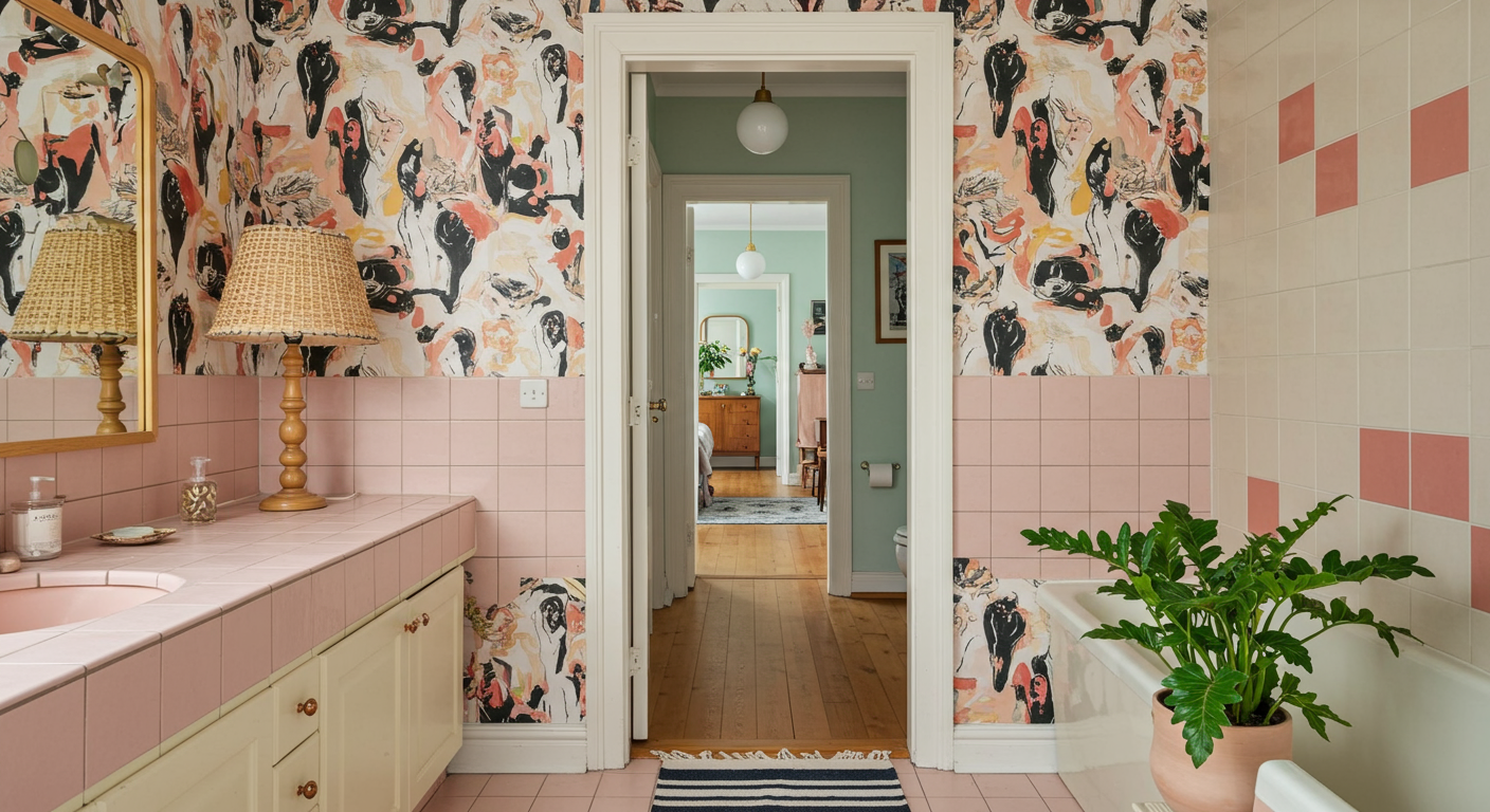 Retro bathroom with bold wallpaper