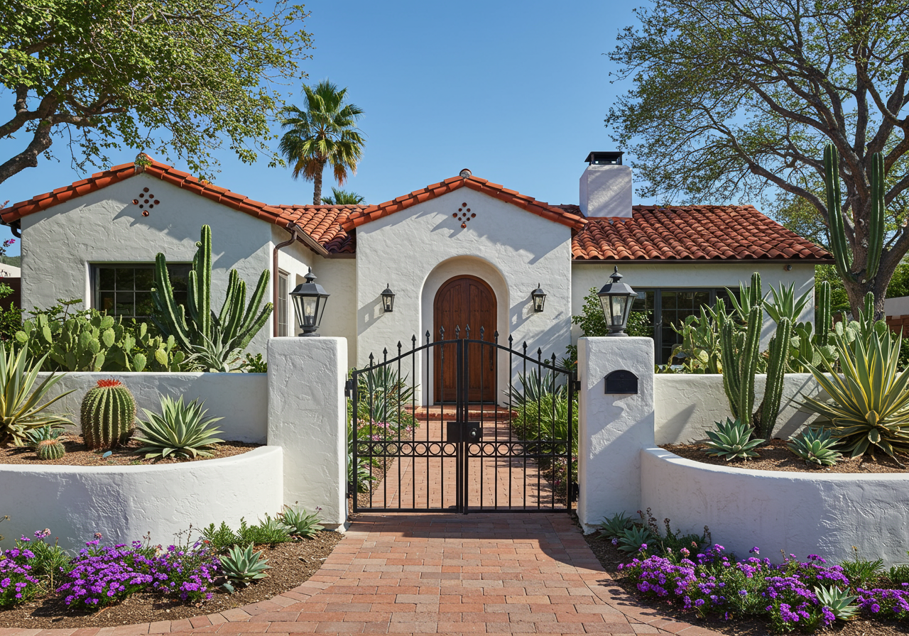 A Spanish Colonial Revival-style house features a red-tiled roof, an ornate black gate and a short white wall at its front. Various cacti and other foliage decorate the house's front. 