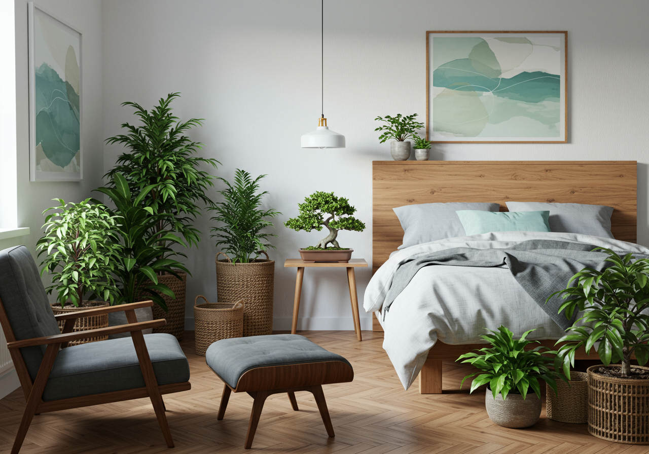 Miniature zen garden in stylish bedroom interior
