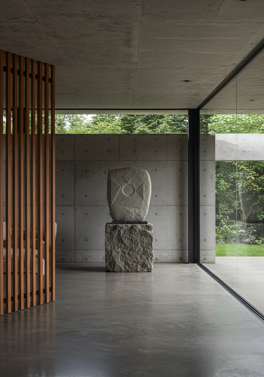 In the living room a Pedro Reyes sculpture is installed on a limestone base fabricated by Sylvester Pusey.
