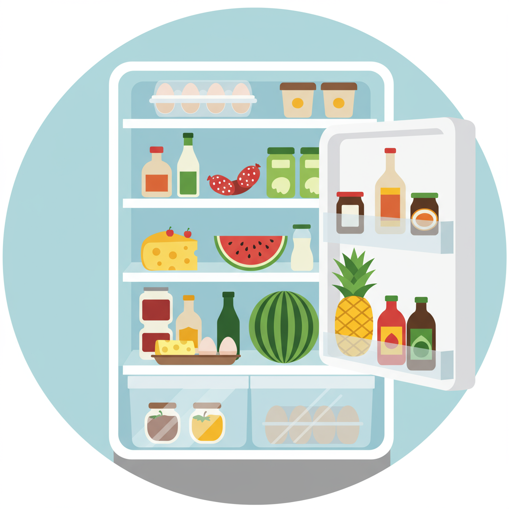 Open refrigerator neatly stocked with organized food, including watermelon and pineapple.