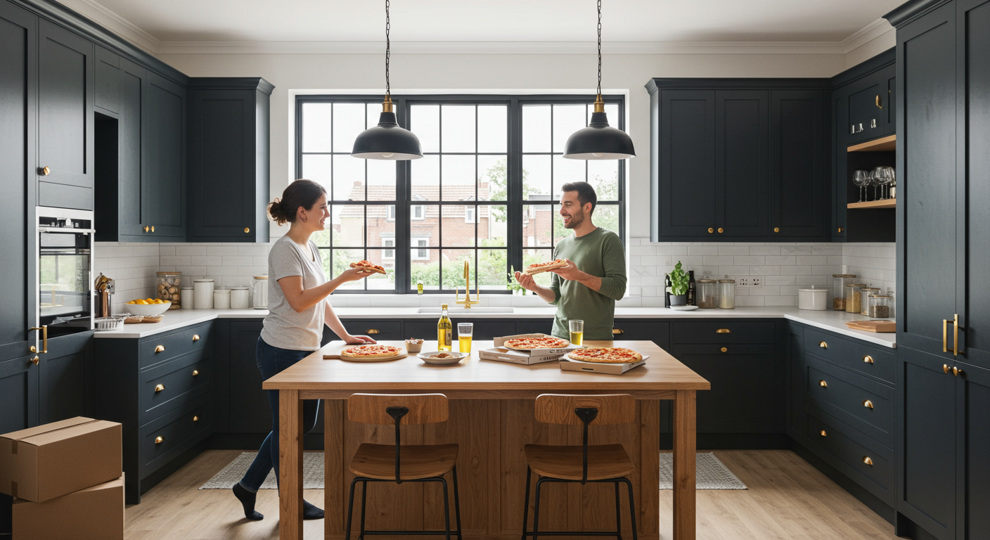 Modern kitchen with charcoal cabinets, a wood island, and a couple sharing pizza.