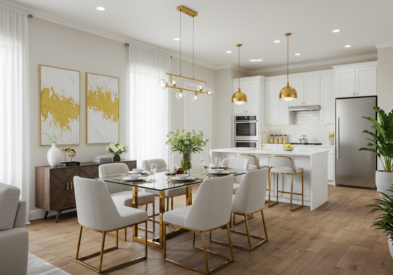 A dining room and kitchen staged with bright furniture and abstract art in gray tones