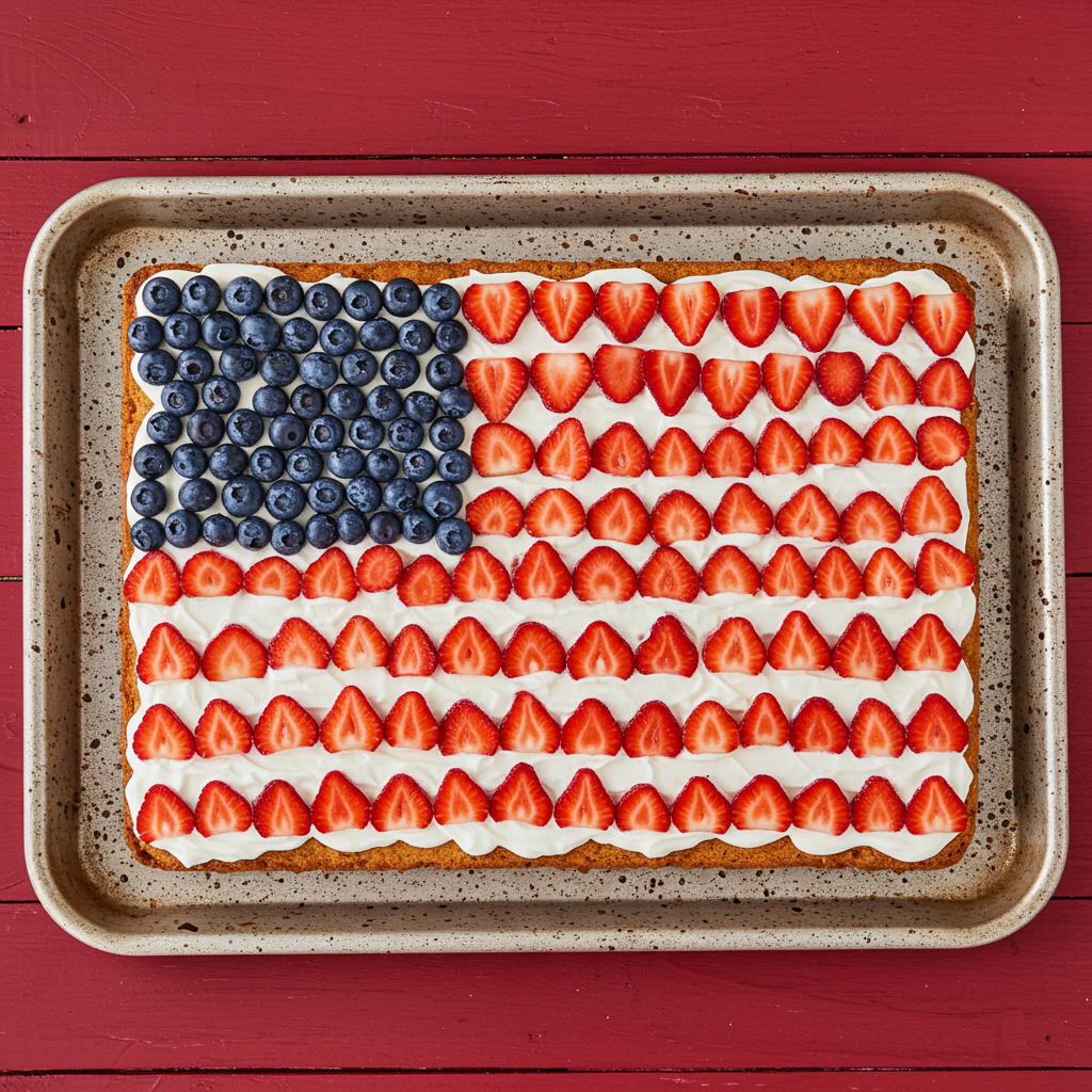 American flag fruit pizza topped with blueberries and strawberry stripes in a baking tray.
