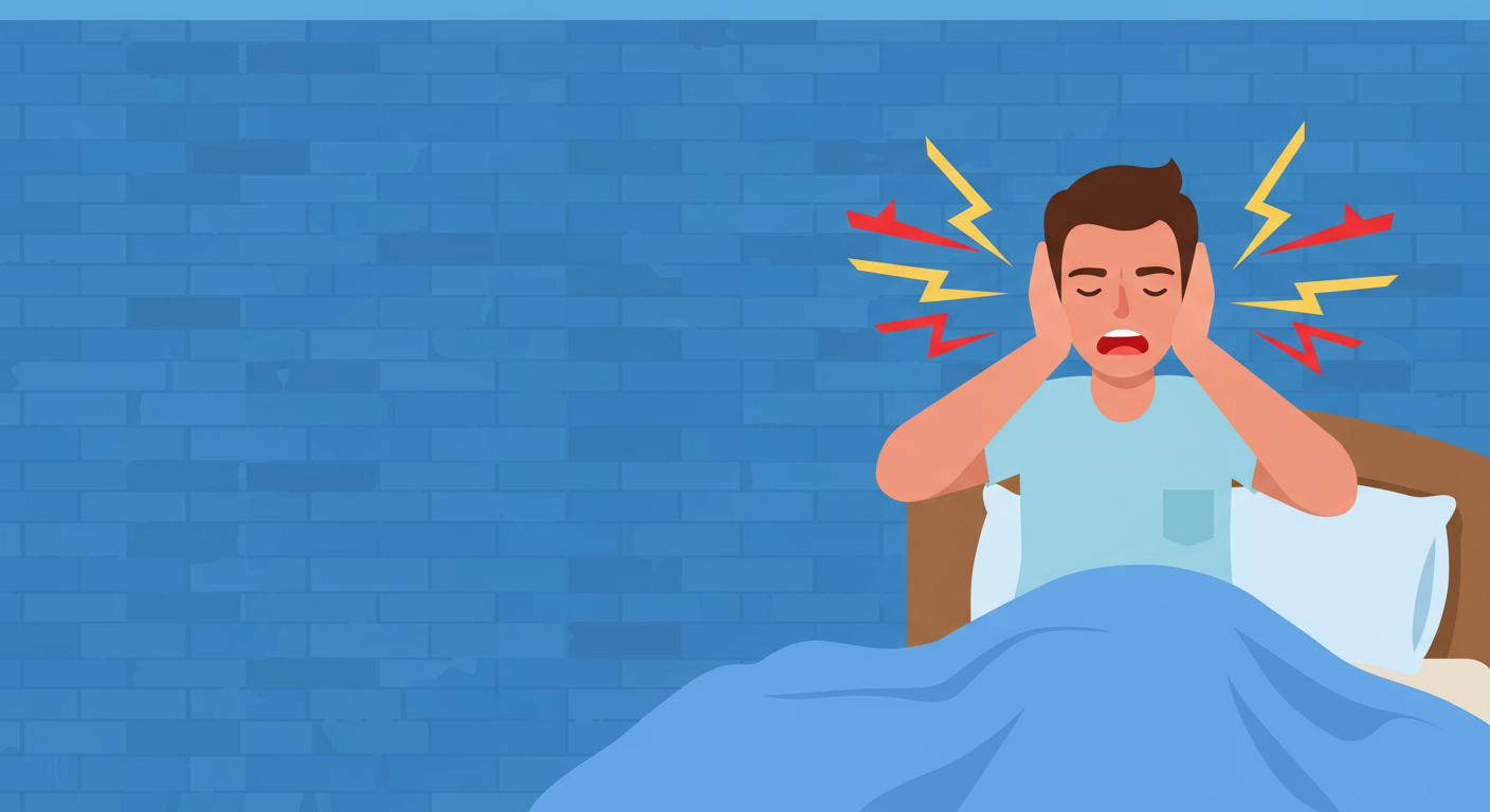 Illustration of a distressed man covering his ears while sitting in bed, with jagged marks suggesting loud noise.
