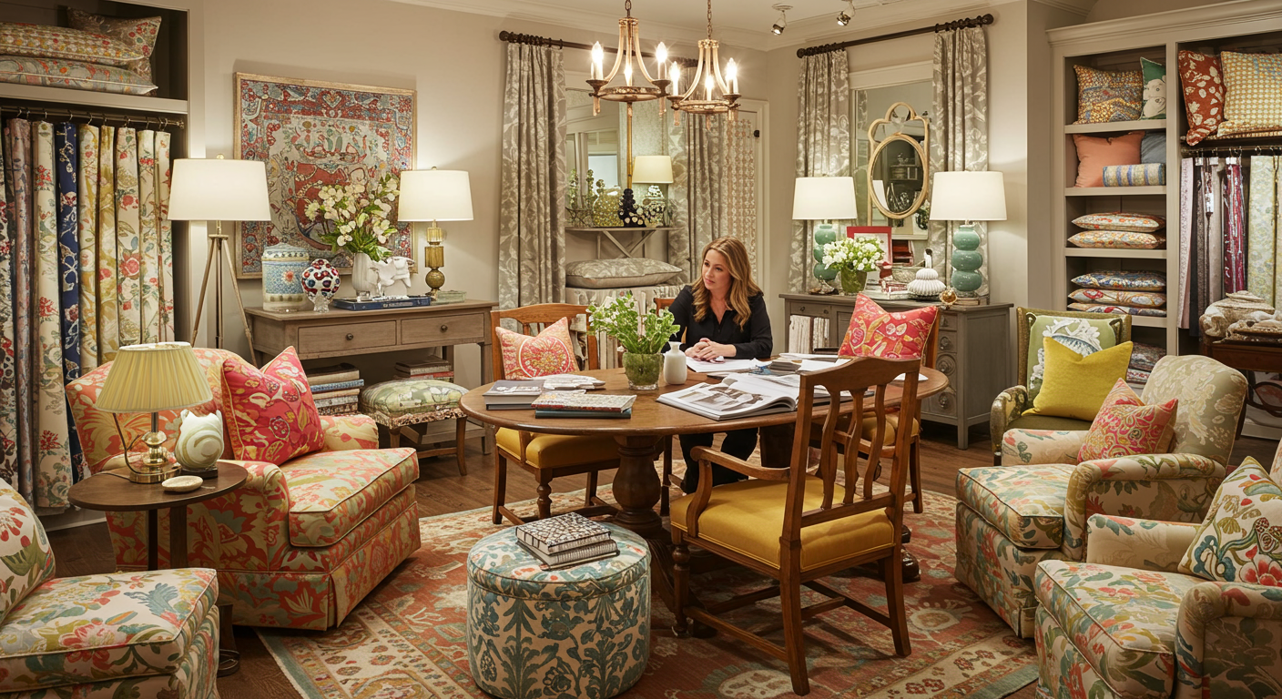 Furnished living and dining room with patterned seating, a round table, and a seated woman.