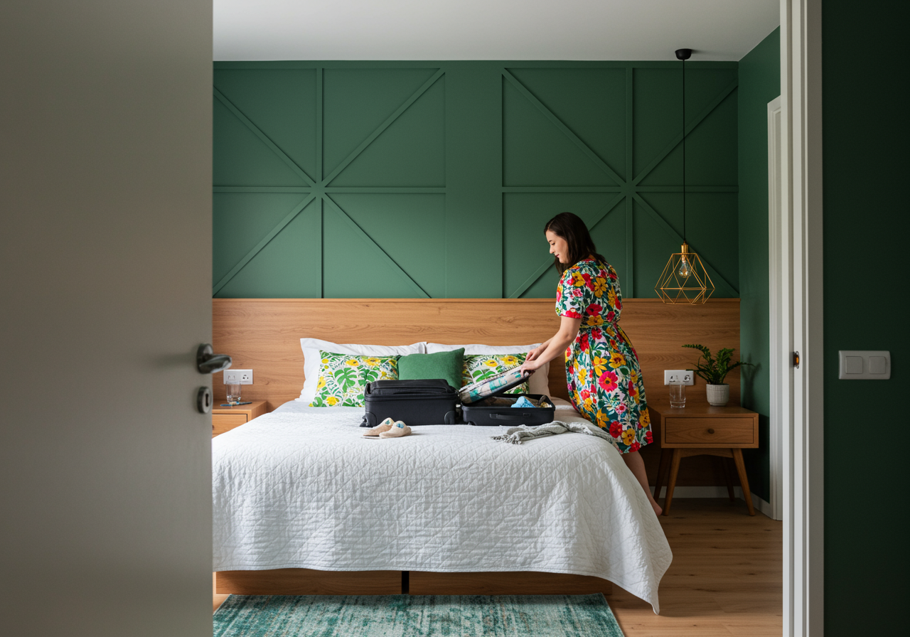 Woman unpacking suitcase in vacation rental