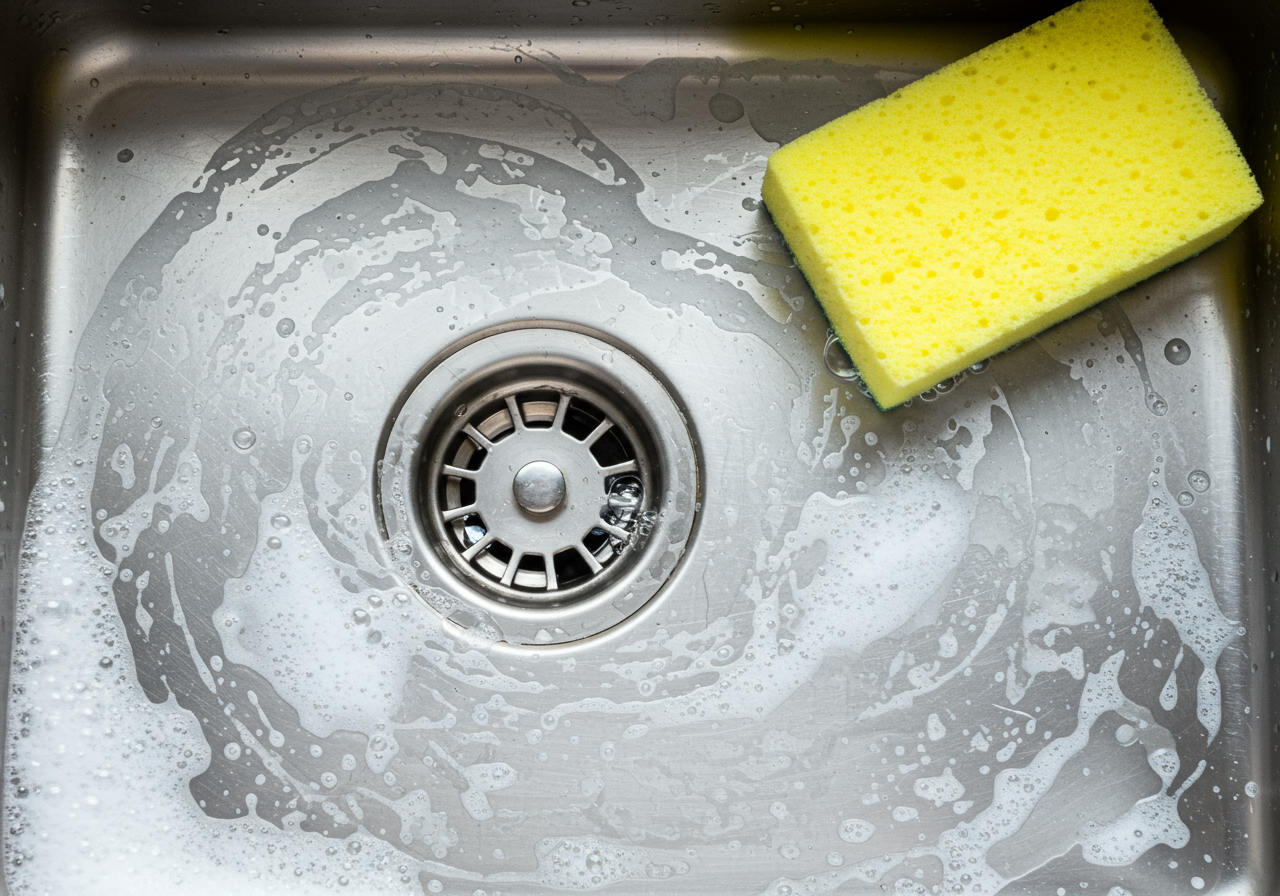 cleaning a sink with yellow sponge