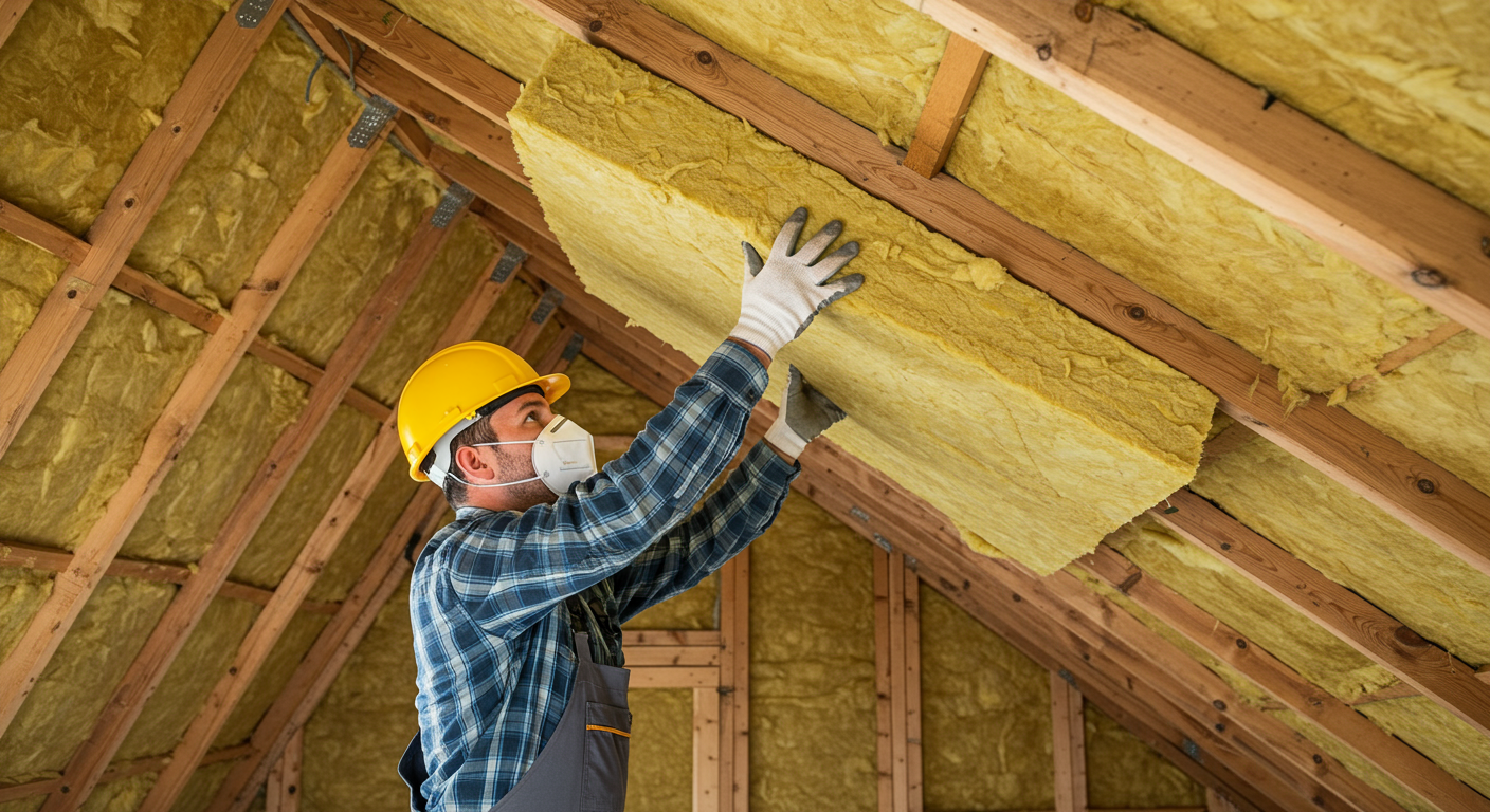 Professional installing insulation in attic