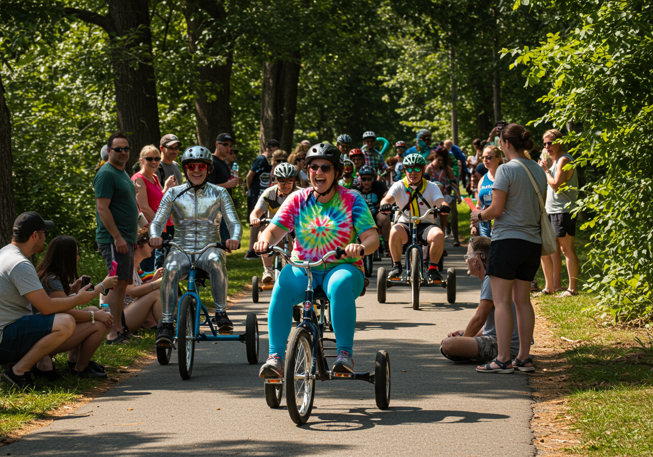 Costumed participants descend Vermont St. in Portrero Hill during the annual Bring Your Own Big Wheel event, on Sunday April 17.