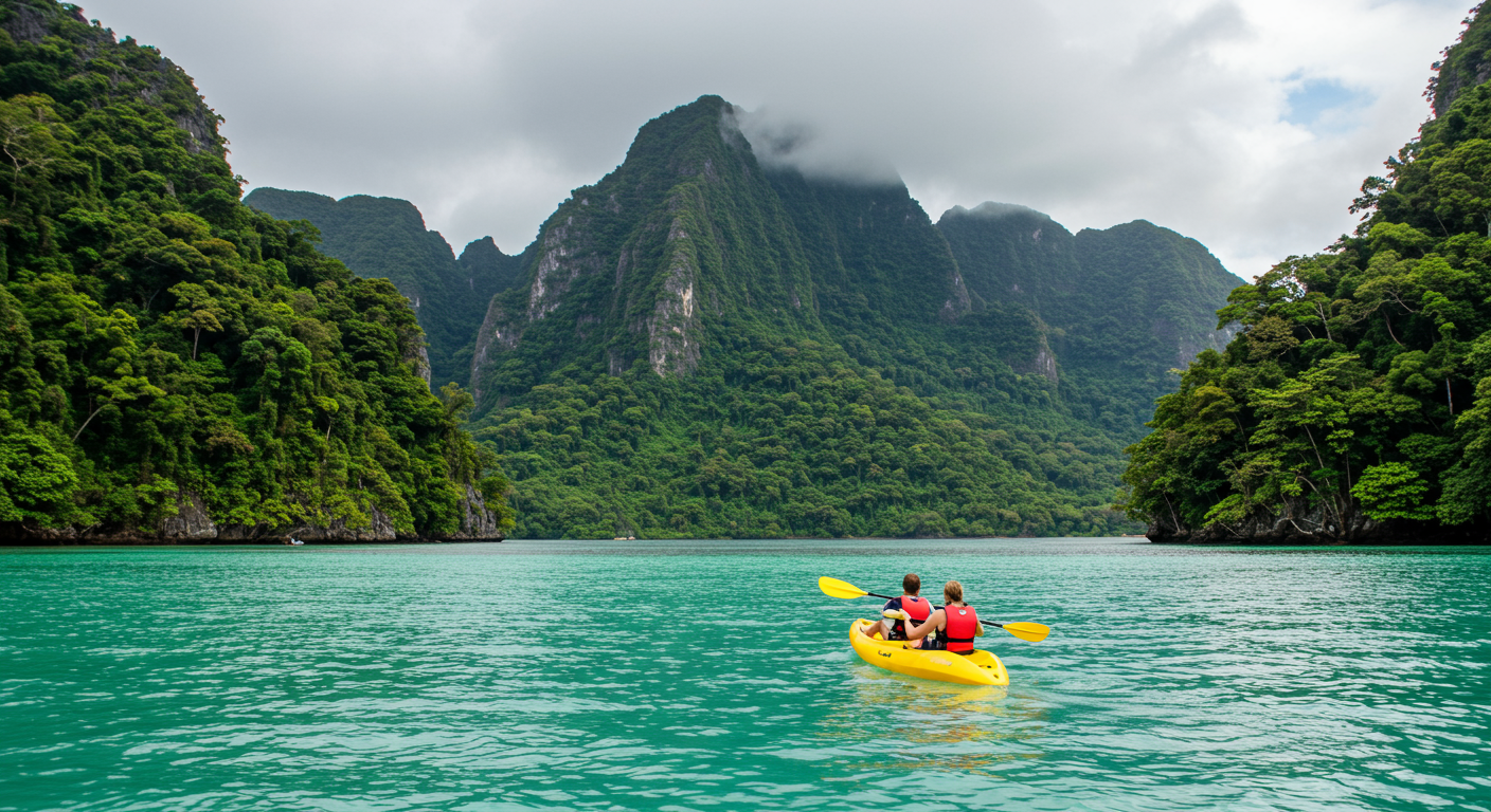 A family paddling a kayak on calm waters surrounded by lush greenery in Kaneohe.