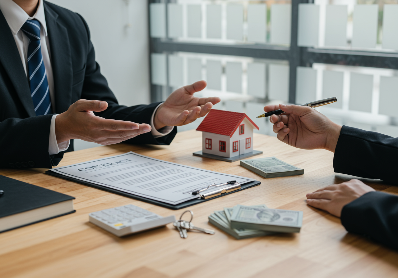People discuss a home sale over a model house, contract, cash, and keys.