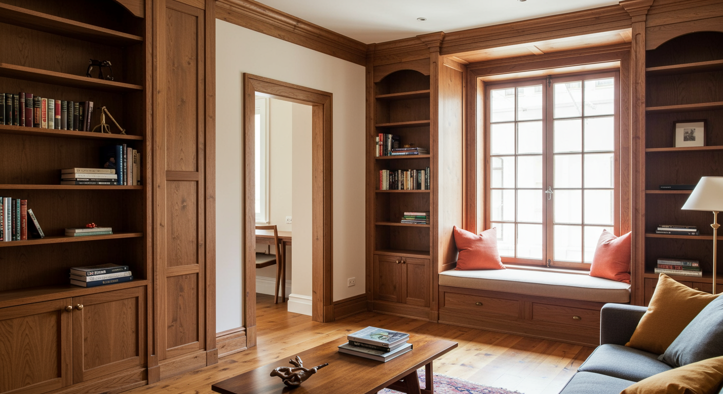 Wooden bookshelf in the living room.