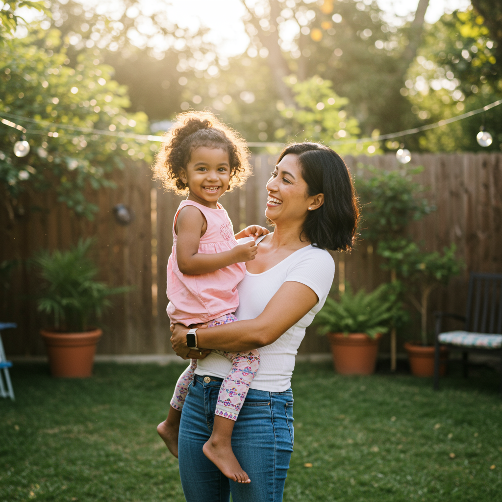 A smiling woman holds a young girl in a sunlit backyard garden.