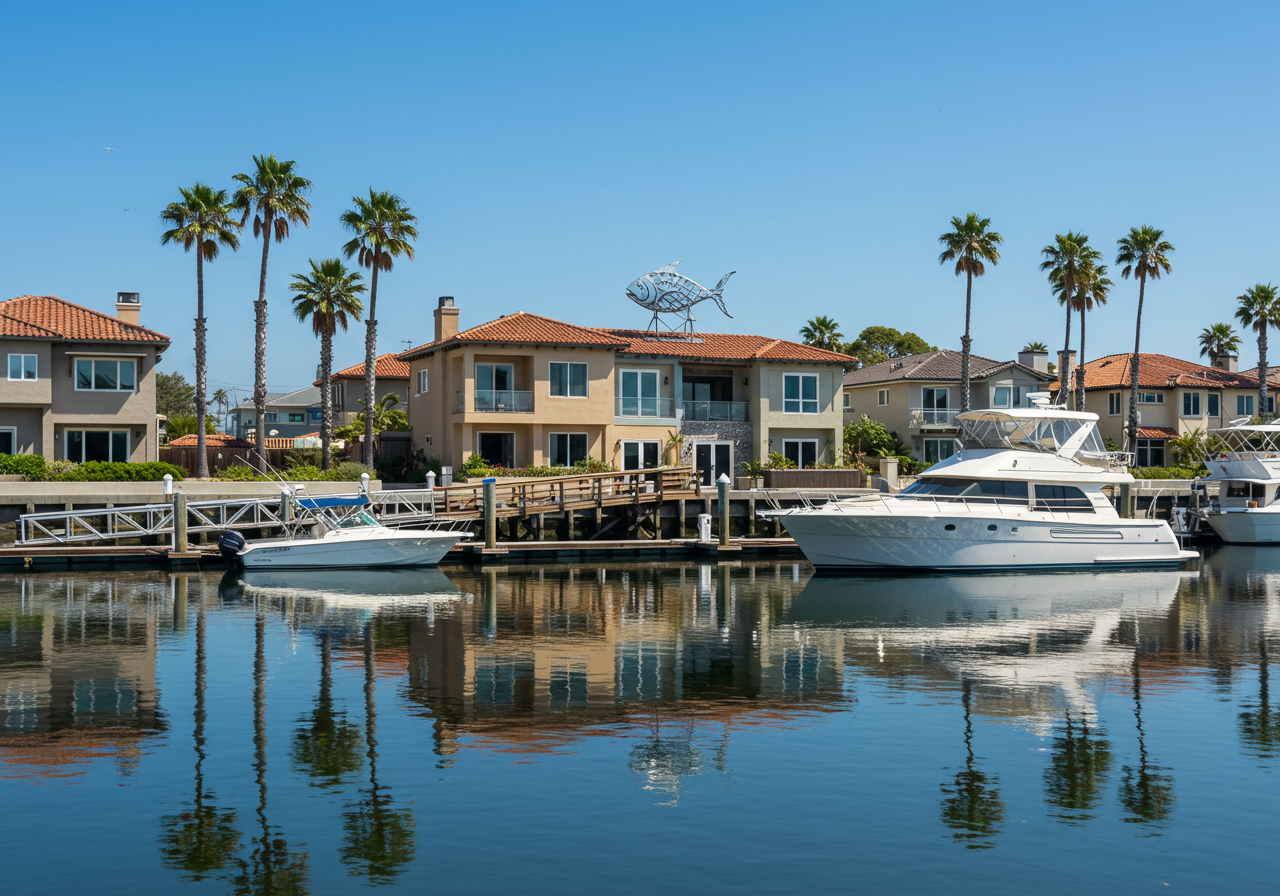 Bluewater Grill restaurant and marina with palm trees and yachts in Newport Beach.