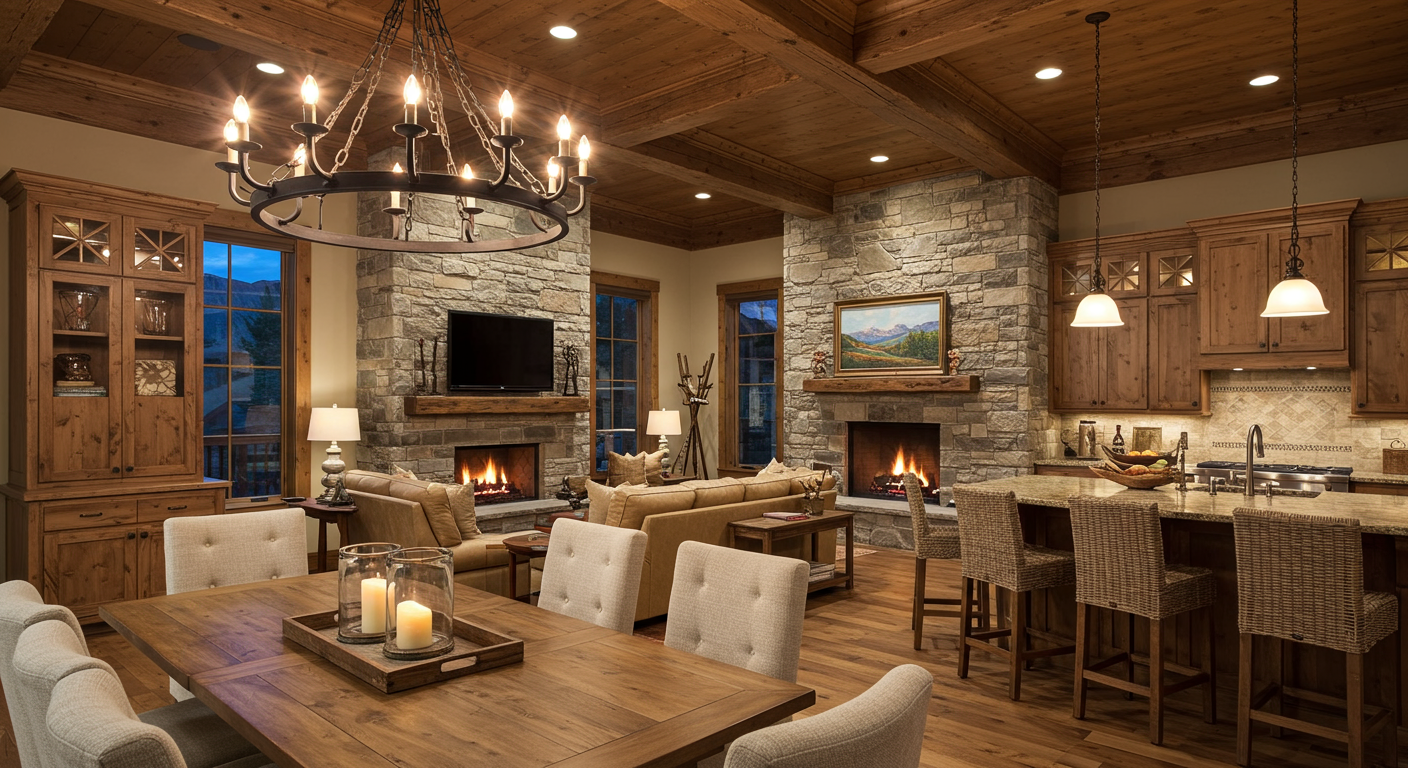 Luxury living room with stone fireplace, wooden coffered ceiling, and rustic decor in Telluride home.
