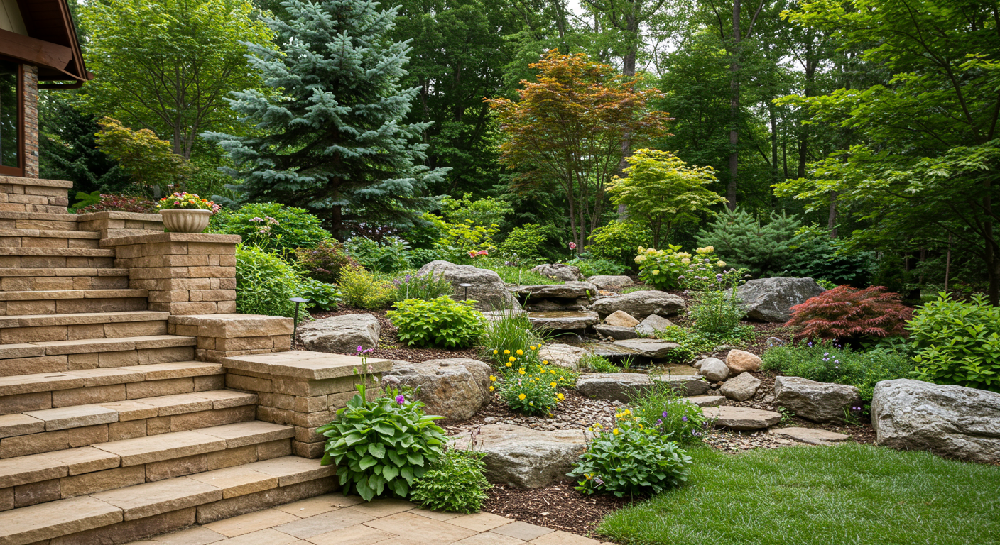 Landscaped backyard with broad stone steps, a boulder garden, flowering plants, and mature trees.