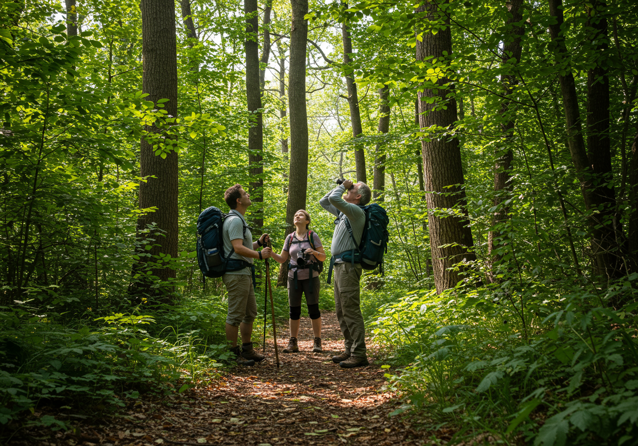 Friends using binoculars in a forest