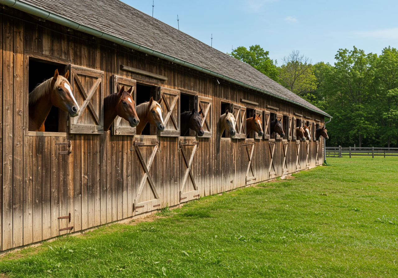 exterior view of Silver Tides stables, with horses peeking their heads out of each window