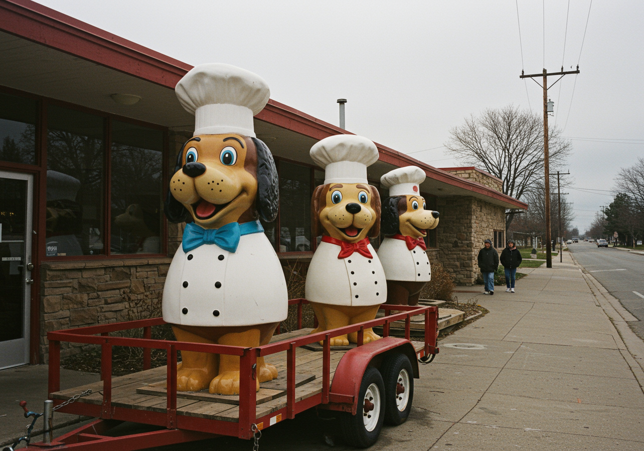 In this photo taken Friday, April 22, 2011, Doggie Diner heads sit on a trailer parked outside a building being used for storage and industrial use on Treasure Island in San Francisco.