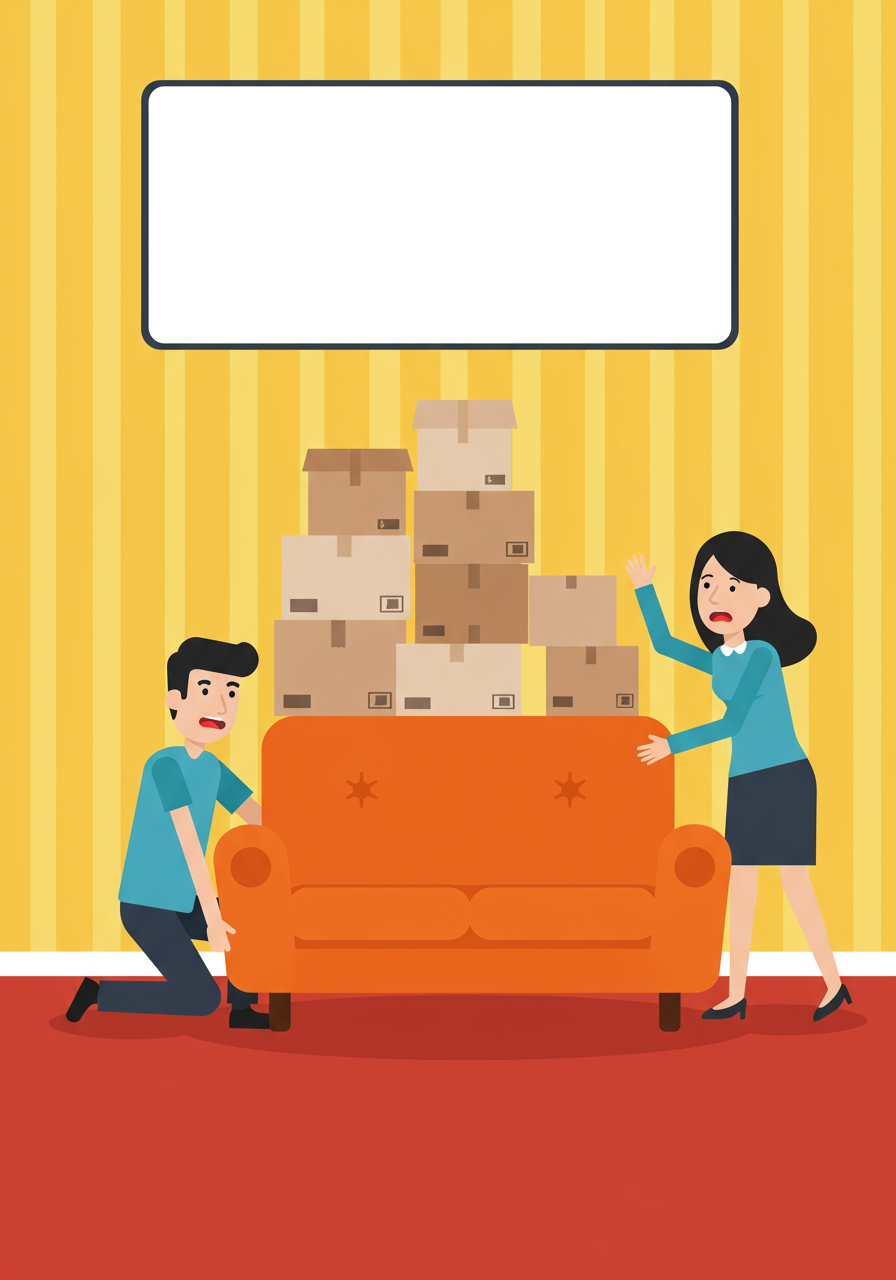 Illustration of two people struggling to move an orange sofa beneath a stack of boxes.