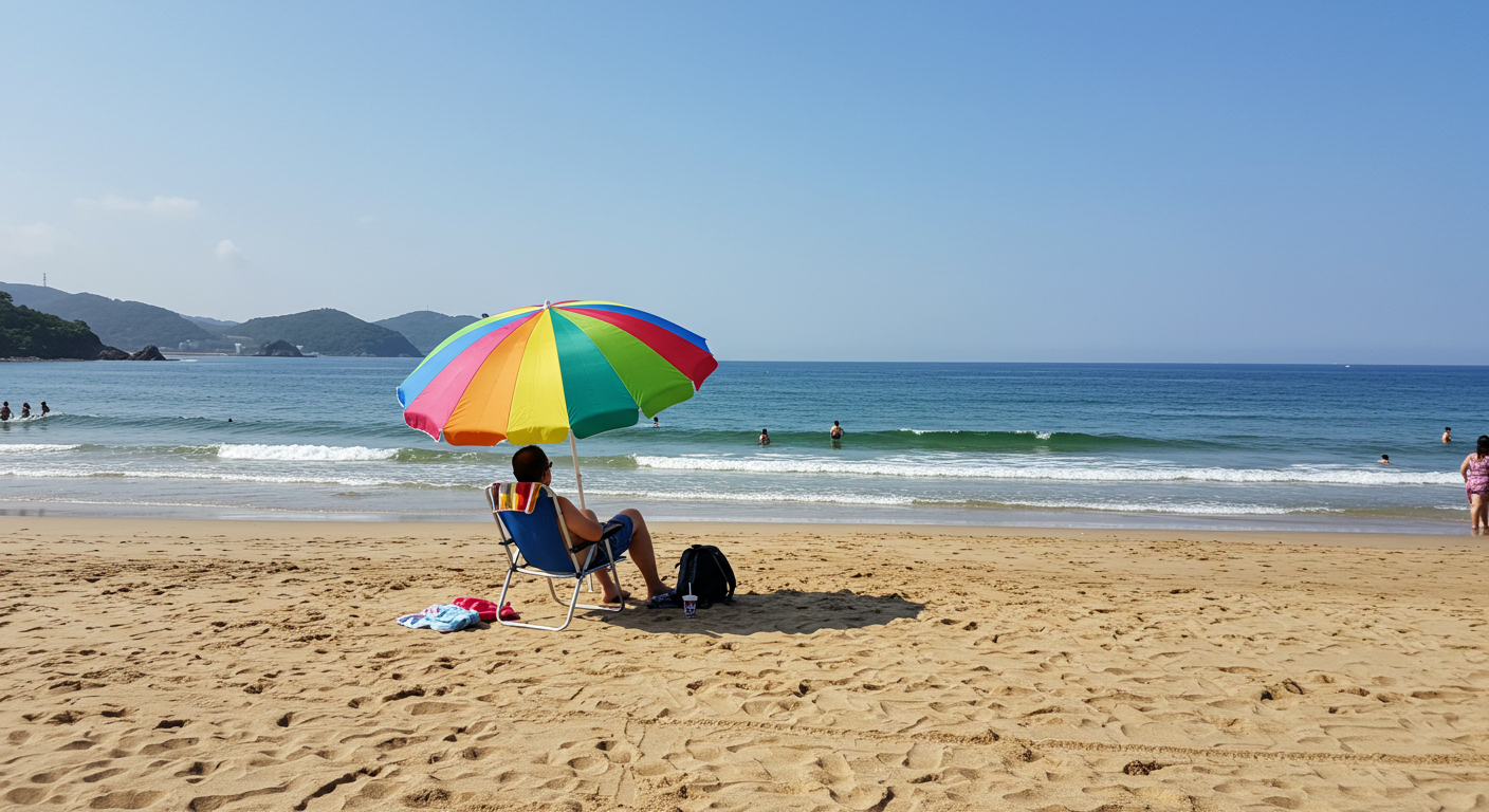 Person sitting in beach chair on the beach with a rainbow umbrella