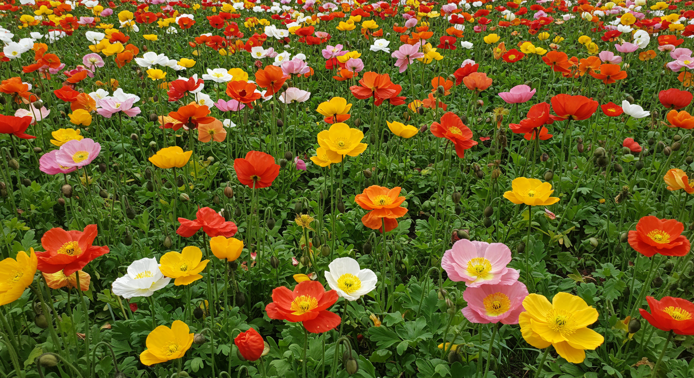 The Dahlia Garden in Golden Gate Park, San Francisco. In the photo, a dense cluster of dahlia flowers in a variety of colors, including red, pink, yellow, orange, and purple.