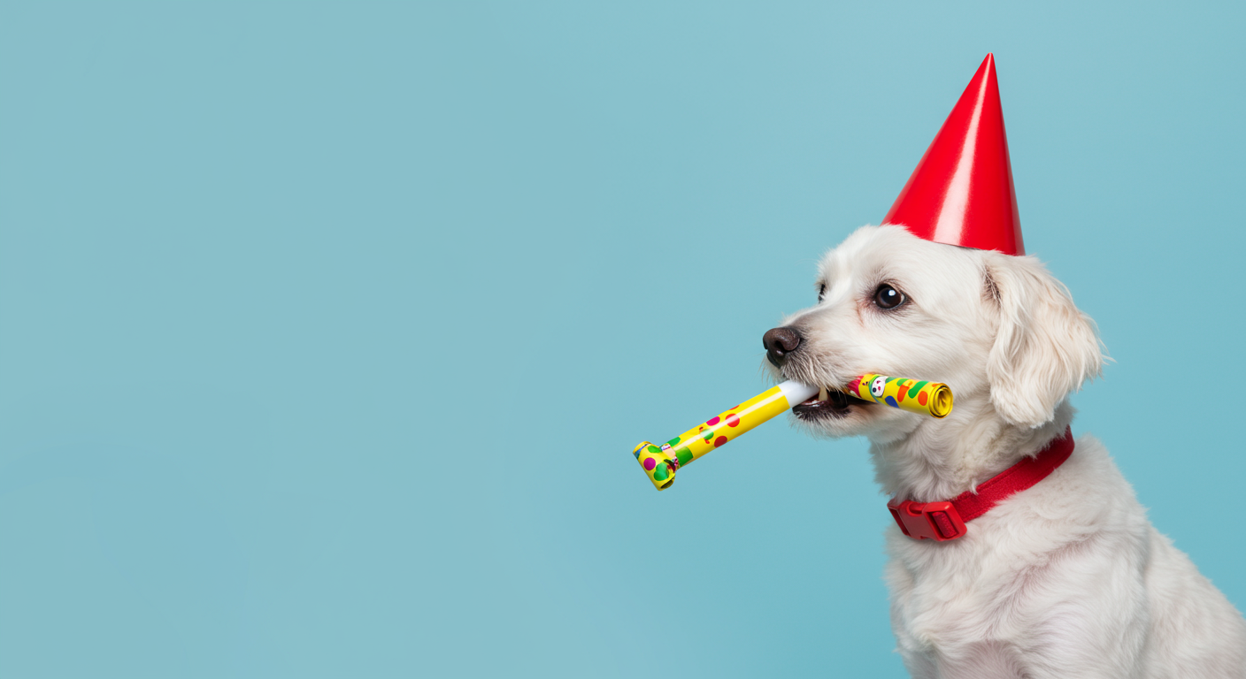 White dog in a red party hat holds a colorful party blower.
