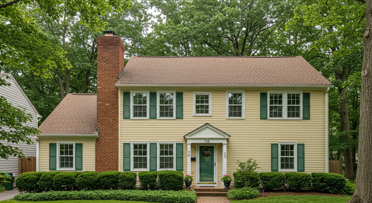 Two-story tan house with green shutters, a brick chimney, and leafy trees surrounding the front yard.