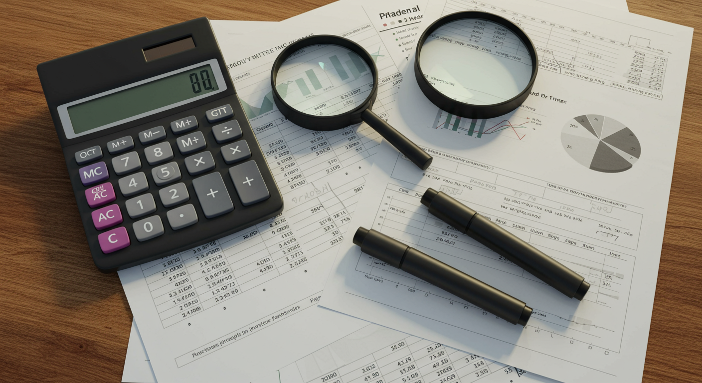 Gray calculator and black magnifying glass on a brown wooden surface.