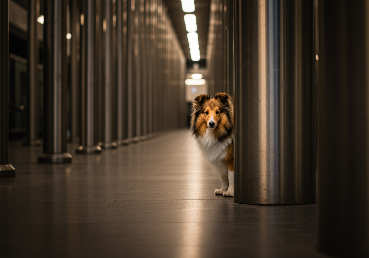 A shepard dog photographed among columns