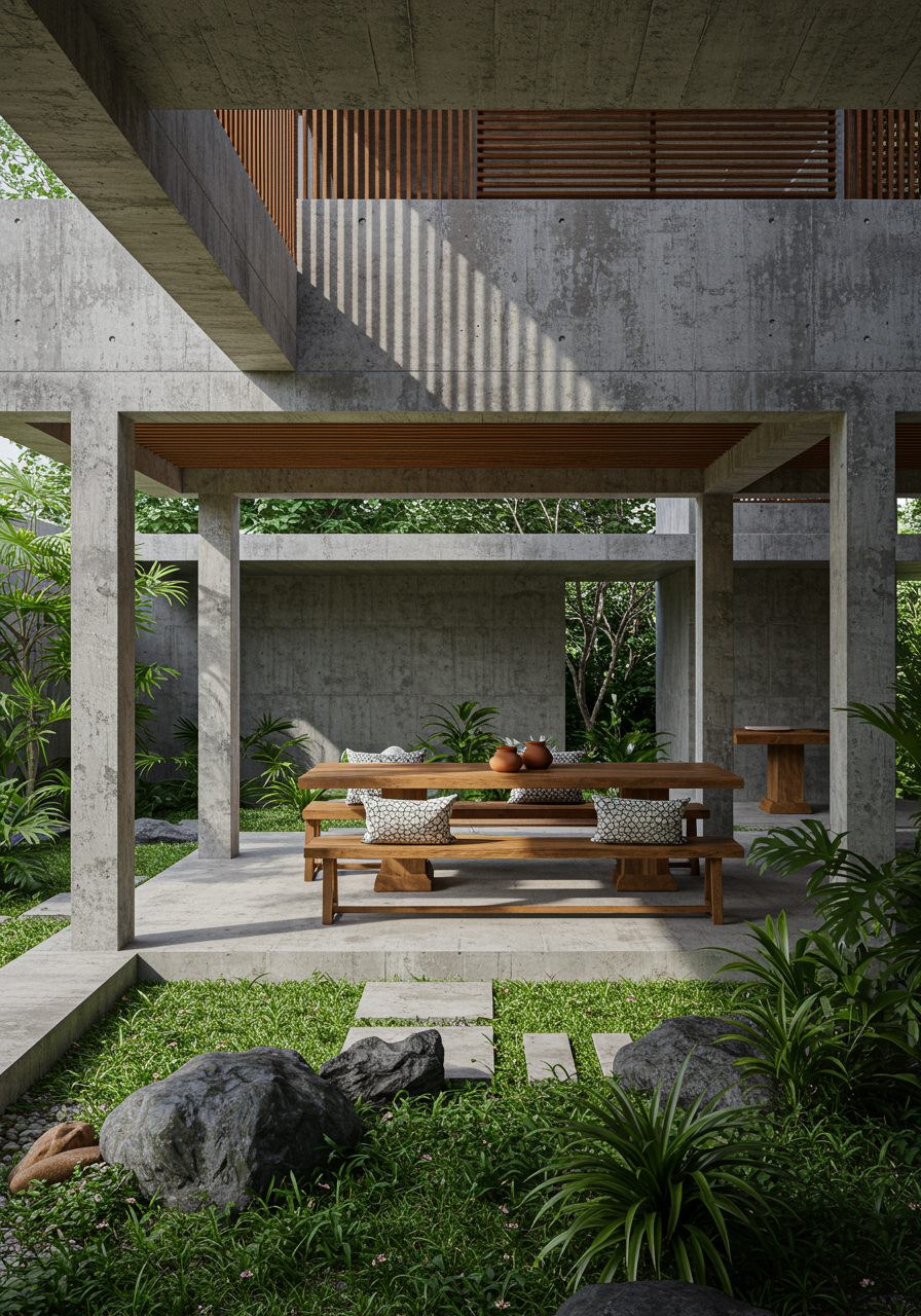 The communal dining table was fabricated by Bildad DeLeon of Deleon Wood Works from a slab of Brazilian angelim pedra.