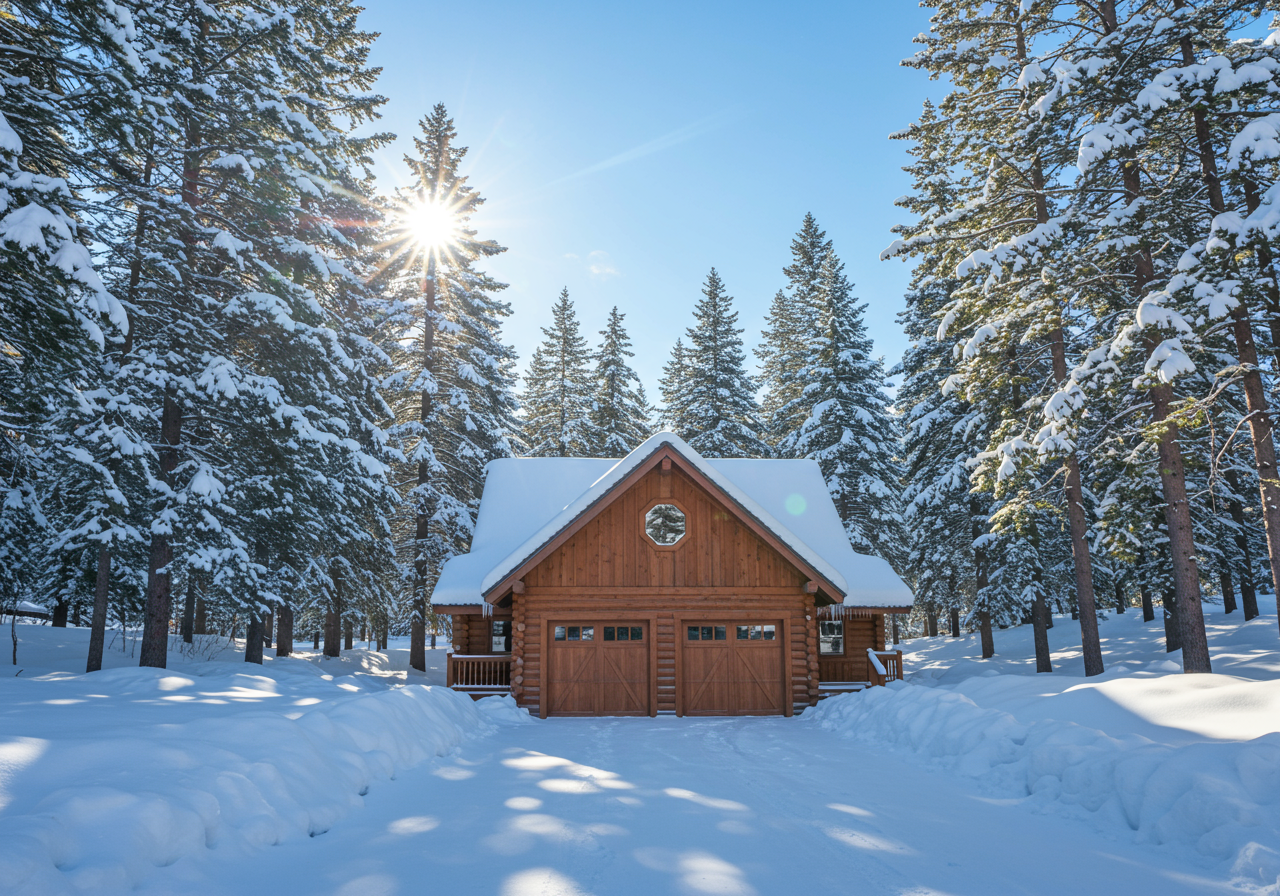 Brick and wood house in Mammoth Lakes with several feet of snow on its roof in the winter