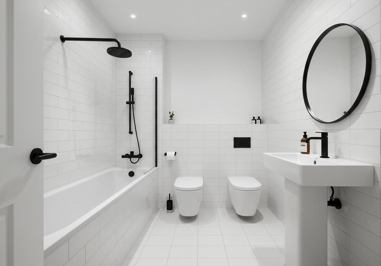 Modern white-tiled bathroom with a bathtub, black shower fixtures, two wall-mounted toilets, and a round mirror.